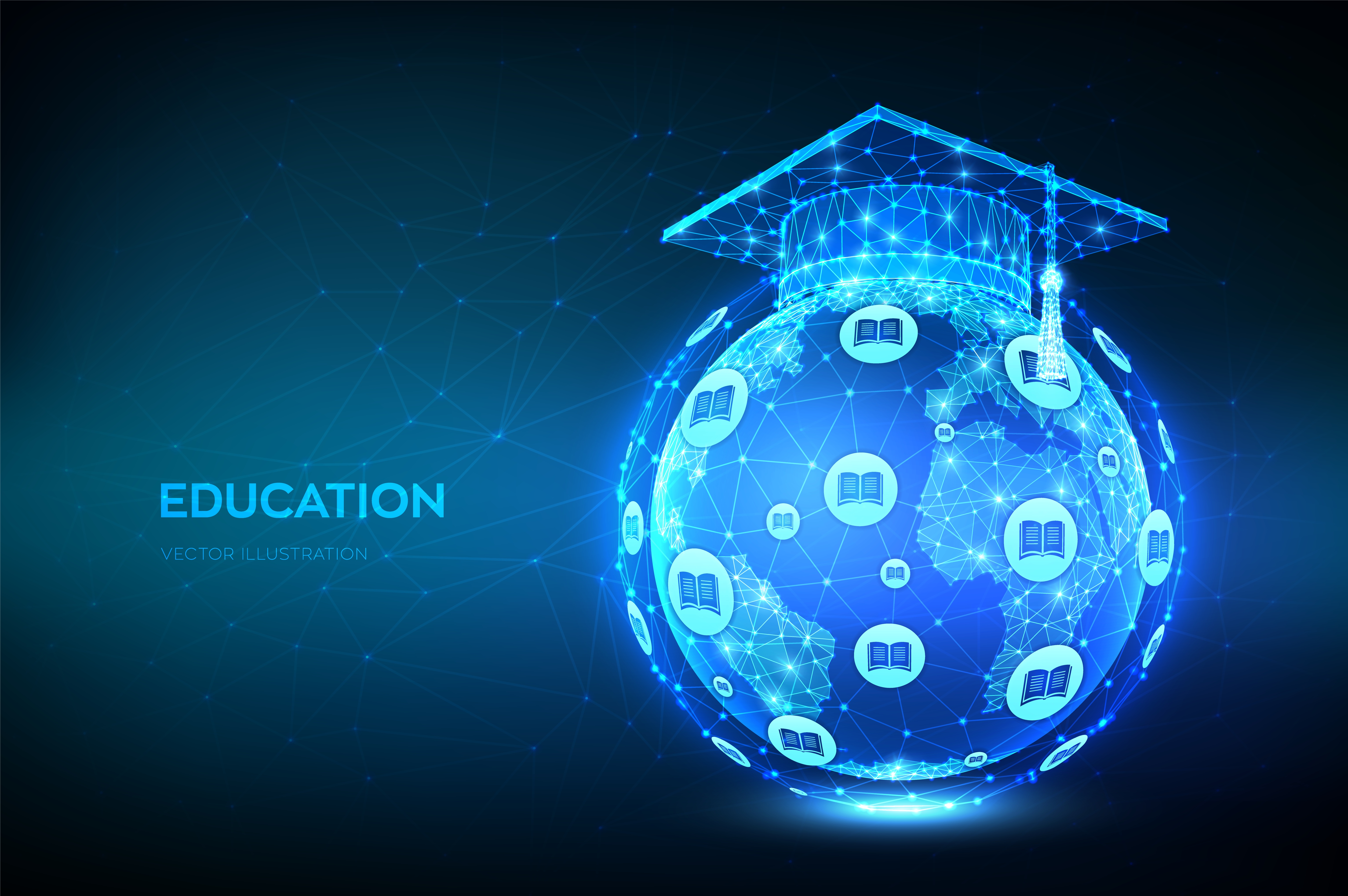 E-learning concept. Innovative online education. Abstract Low Polygonal Graduation cap on planet Earth globe model map. Distance graduate certificate program. Skill development. Vector illustration