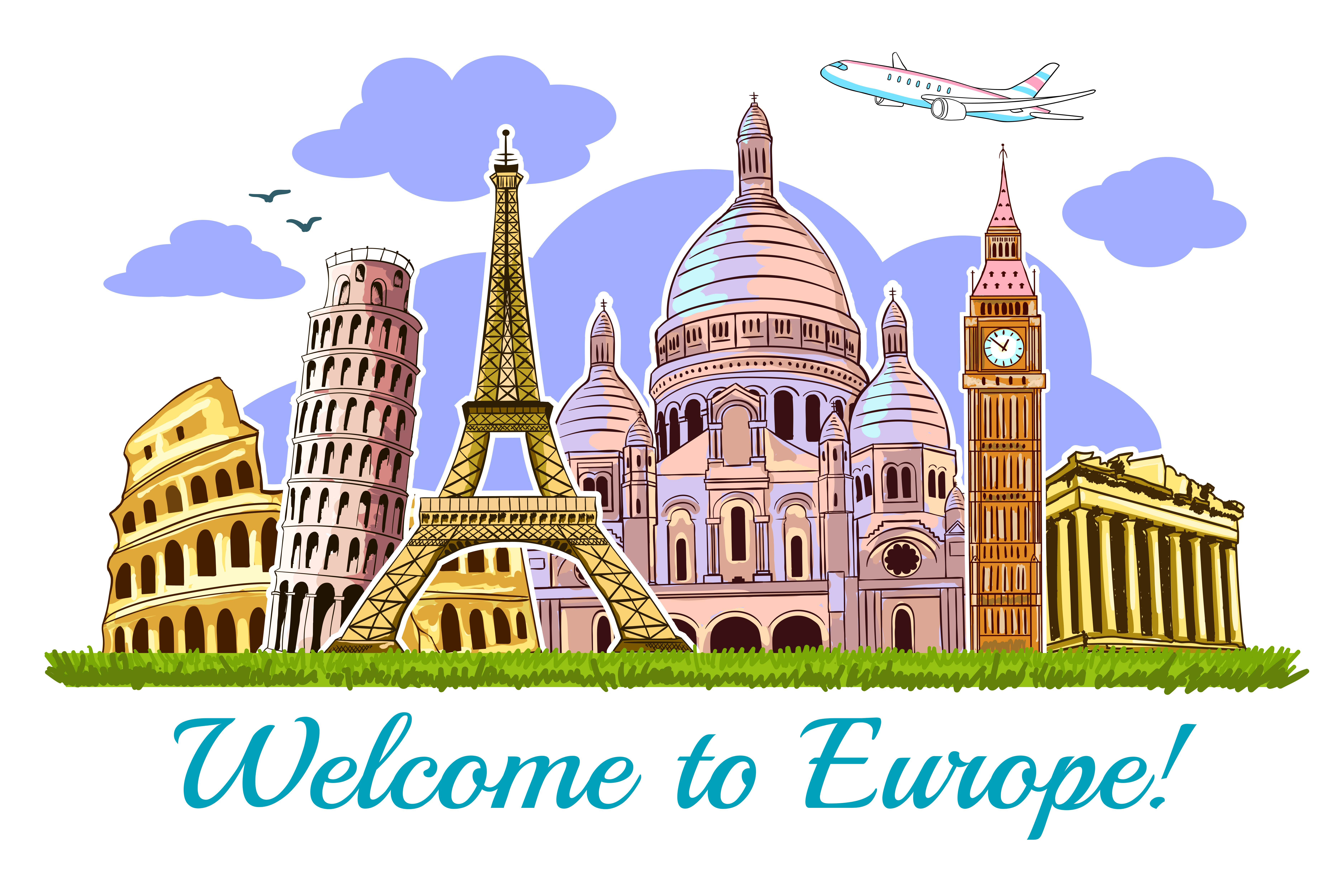 Europe Buildings Travel Poster Colored europe buildings travel poster with building of the main attractions of Europe vector illustration
